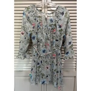 Jessica Simpson Maternity Floral Sheer 3/4 Sleeve Ruffle/Tie Neck Blouse Size XS